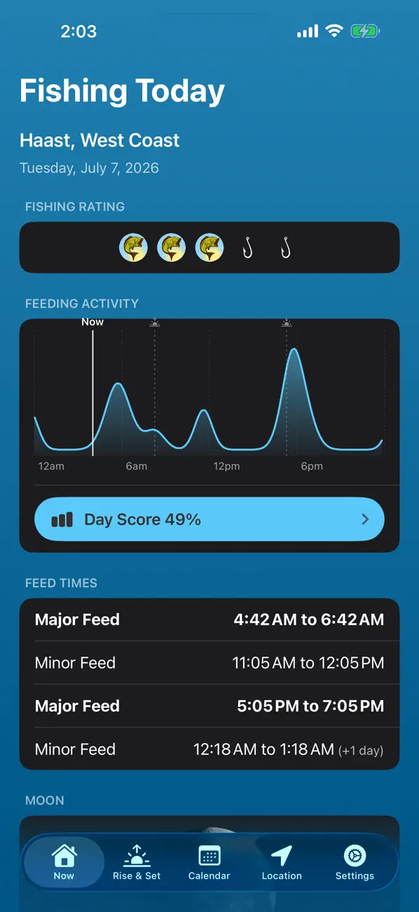 Solunar Best Fishing Times main screen