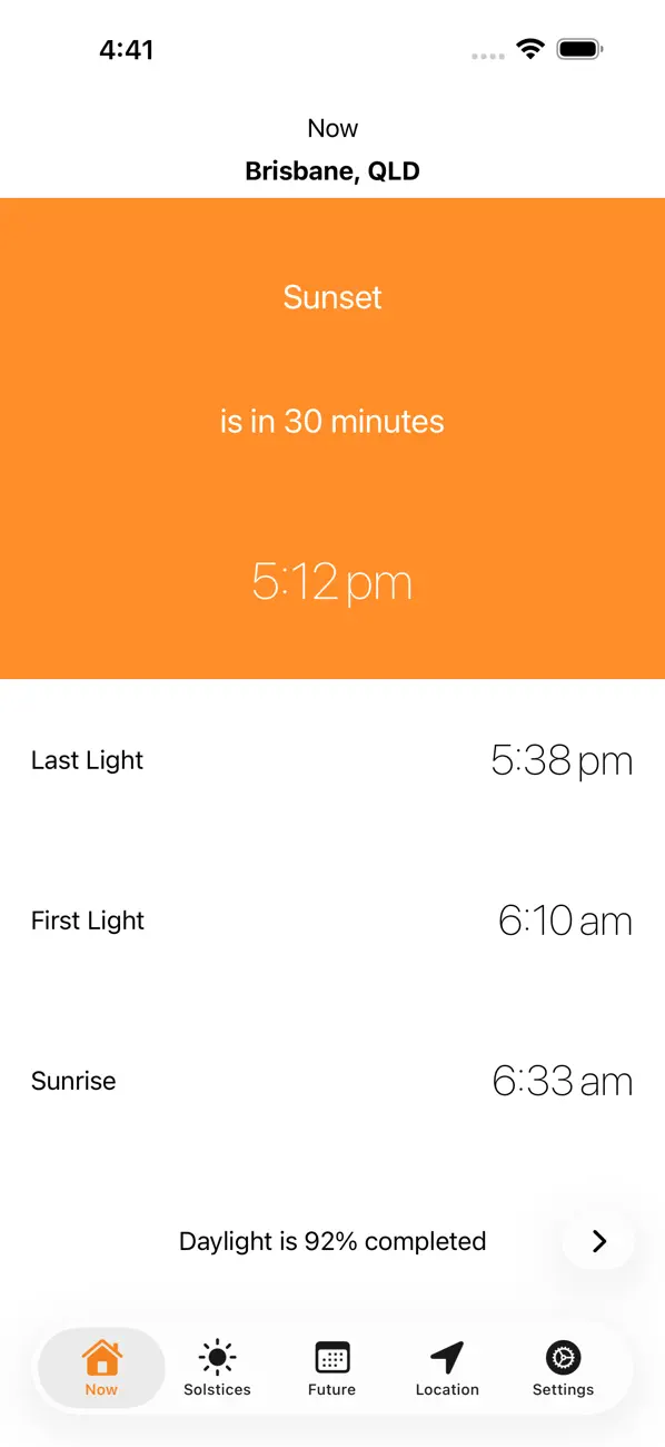 Sunrise Sunset Times main screen